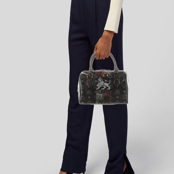 Authentic MCM Visetos Lion Princess Boston Handbag Black/Grey/Gold - Picture 3 of 14